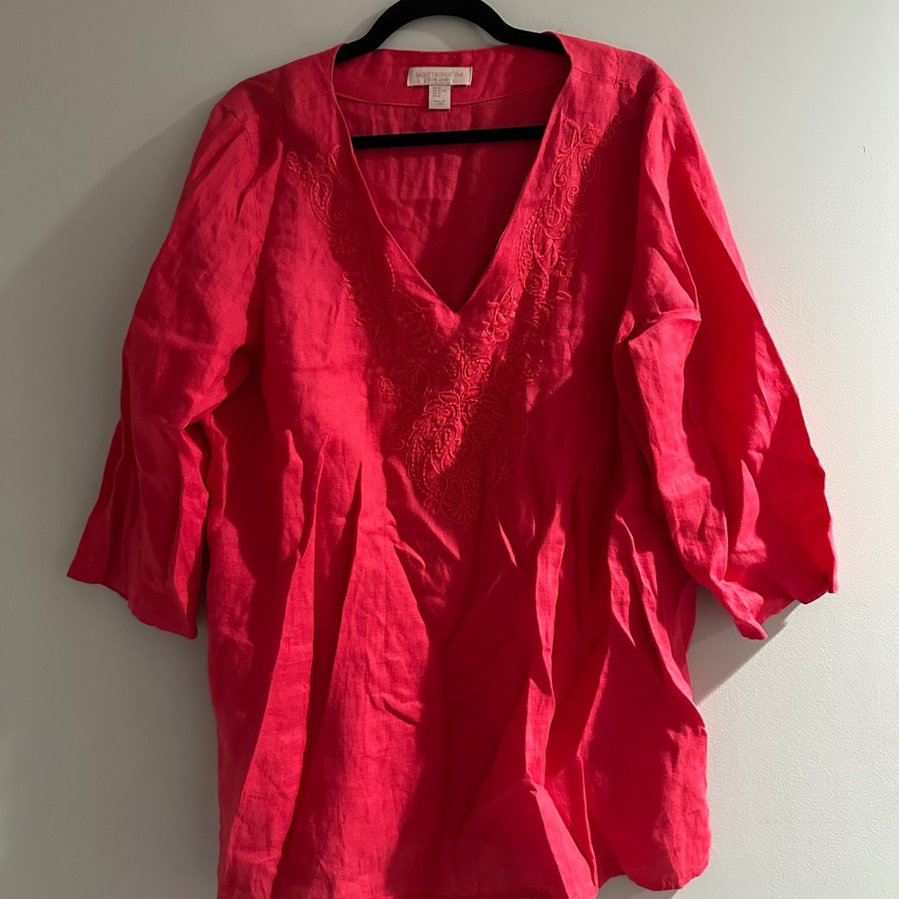 SAINT TROPEZ West Linen Embroidered V‎ Neck Tunic Top Coral XL